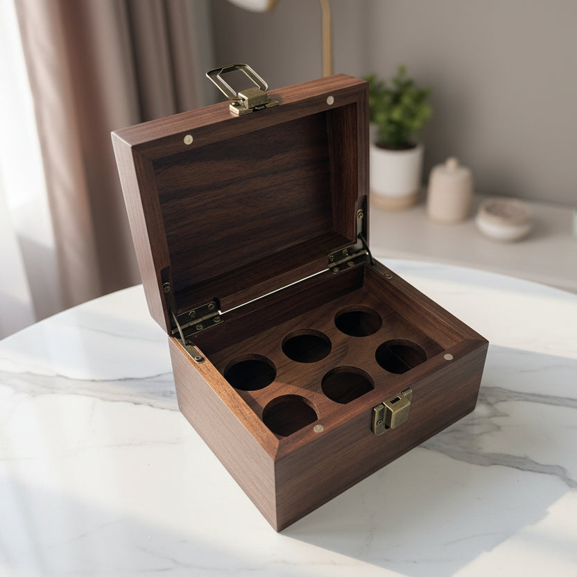 Luxury Black Walnut Essential Oil Box – 6 Hole with Brass Antique Lock & Magnetic Closure